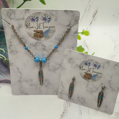 Turquoise Blue Silver Feather Dangle Charm Doll Necklace & Earrings • 18 Inch Fashion Doll Jewelry