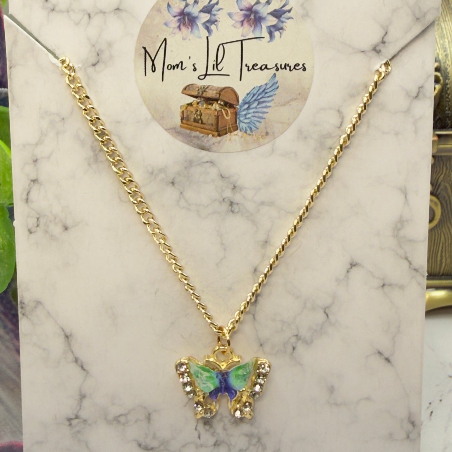 Blue Green Acrylic Butterfly Charm Rhinestone Accents Gold Chain Doll Necklace • 18 Inch Fashion Doll Jewelry