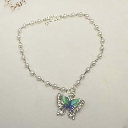 Turquoise Green Blue Butterfly Charm Pearl Beaded Doll Necklace • 18 Inch Fashion Doll Jewelry