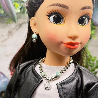 Turquoise Blue Swirl & Silver Beaded Doll Necklace & Earrings Set • 18 Inch Fashion Doll Jewelry