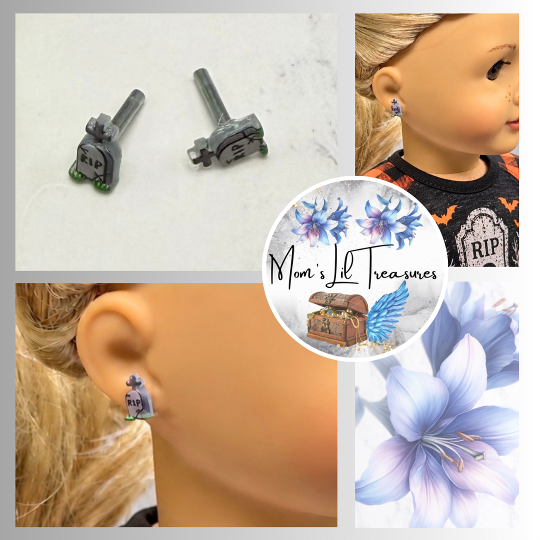 Tombstone RIP Halloween 2mm Post Doll Earrings | fits 18 Inch Dolls • American Girl