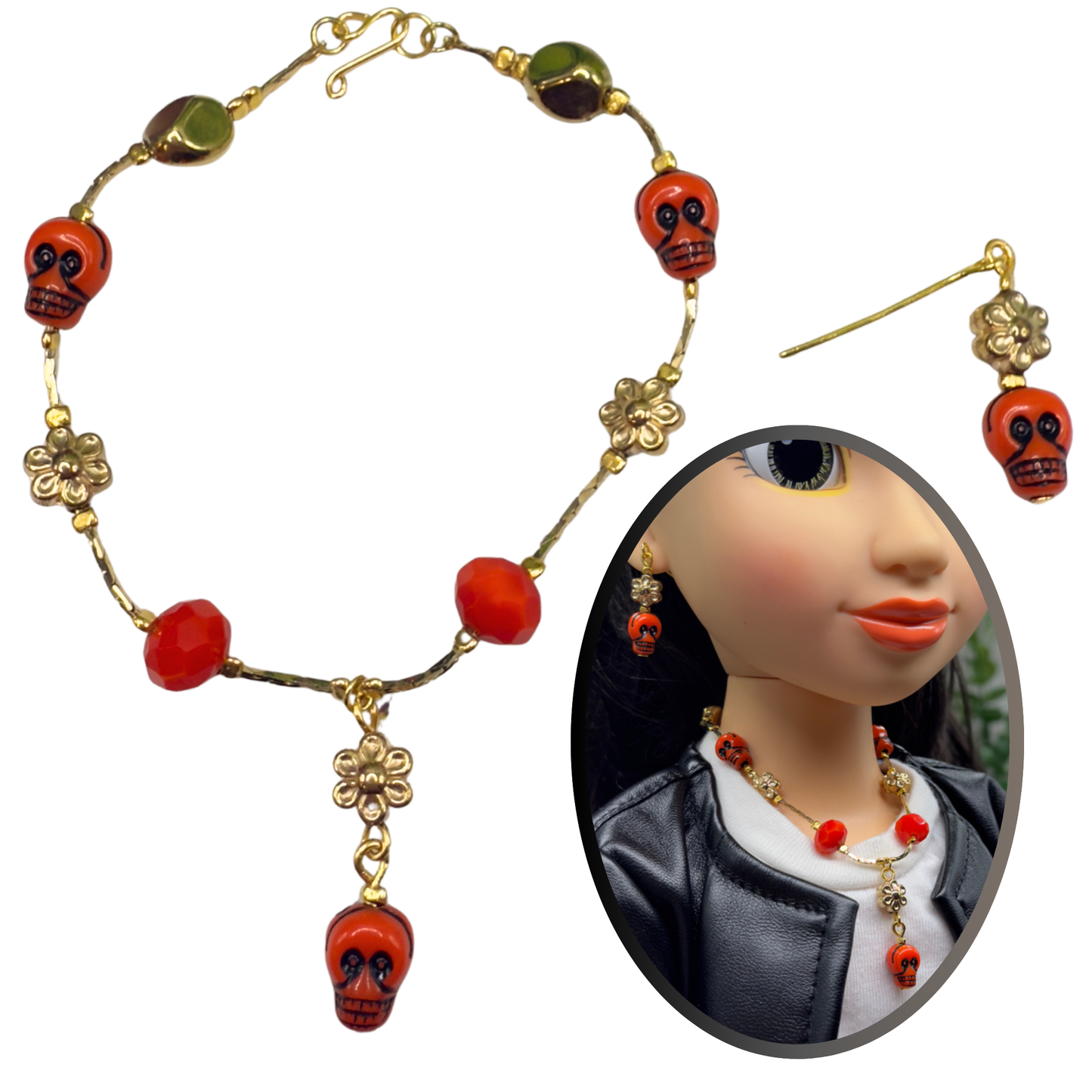 Red Skull Flower Charm Halloween Acrylic Beaded Gold Chain Doll Necklace and Earrings Set • 18 Inch Fashion Doll Jewelry