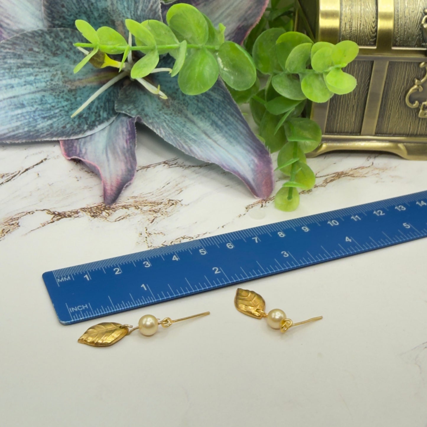 Gold Leaf & Pearl Dangle Doll Necklace & Earrings Set • 18 Inch Fashion Doll Jewelry