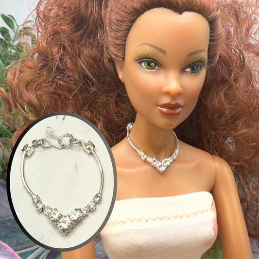 V-Shape Clear Rhinestone Silver Curved Link Doll Necklace • 16 Inch Fashion Doll Jewelry
