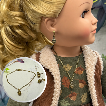 Bronze Tone Acorn Autumn Charm Doll Necklace and Earrings Set | for 18 Inch Fashion Dolls