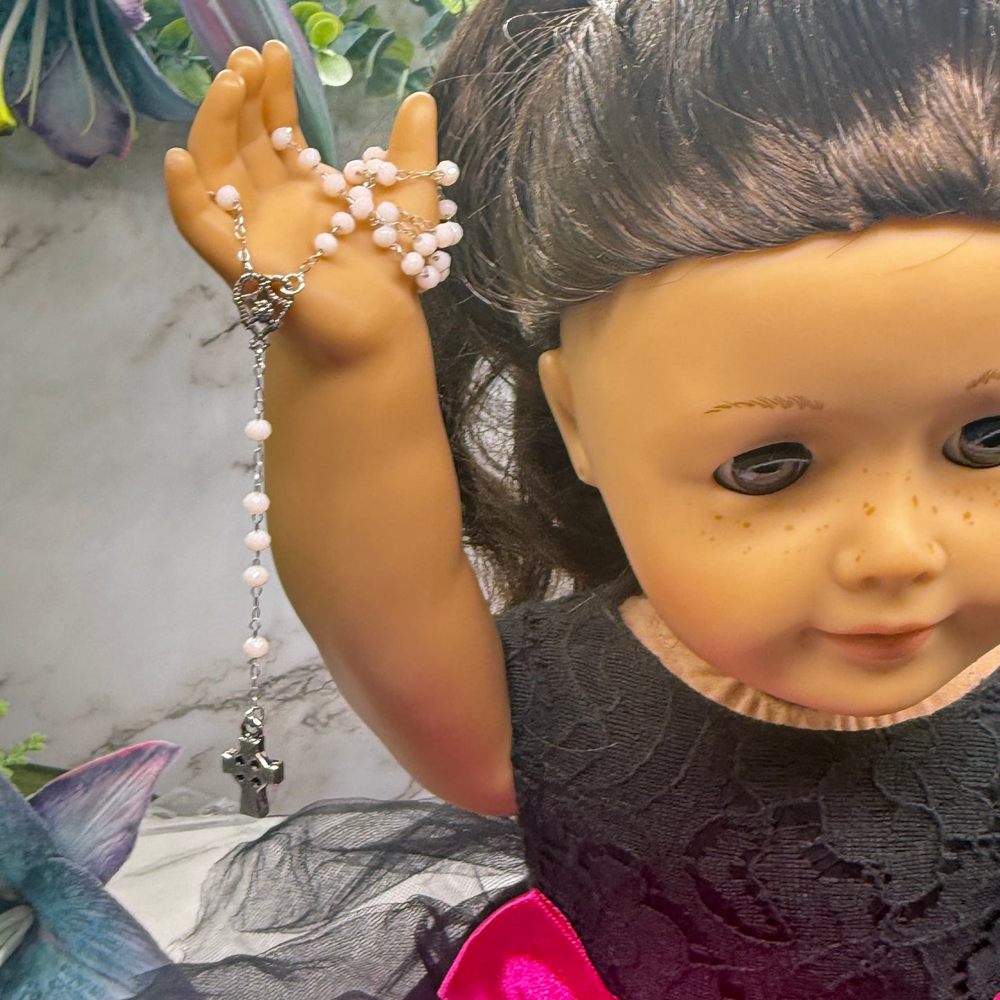 Cream Color - Off White Glass Crystal Beaded Silver Cross • Doll Size Catholic Rosary for 18-22” Fashion or Vintage Dolls