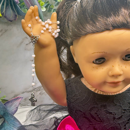 Cream Color - Off White Glass Crystal Beaded Silver Cross • Doll Size Catholic Rosary for 18-22” Fashion or Vintage Dolls