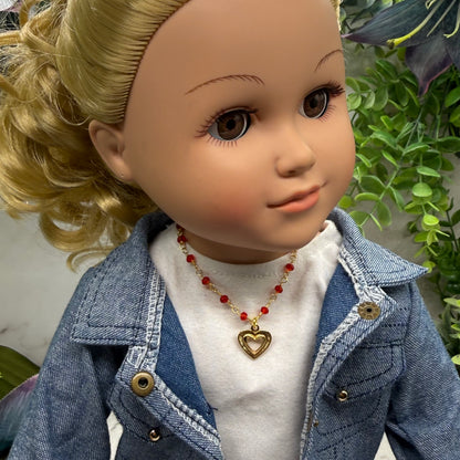 Red Crystal Beaded Link Chain Gold Heart Charm Doll Necklace • 18 Inch Fashion Doll Jewelry