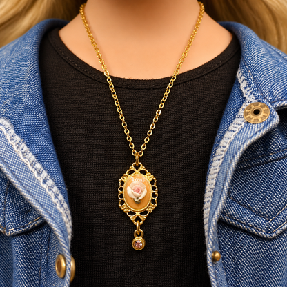 Rose Detail Pink Rhinestone Filigree Pendant Doll Necklace •18 Inch Doll Jewelry
