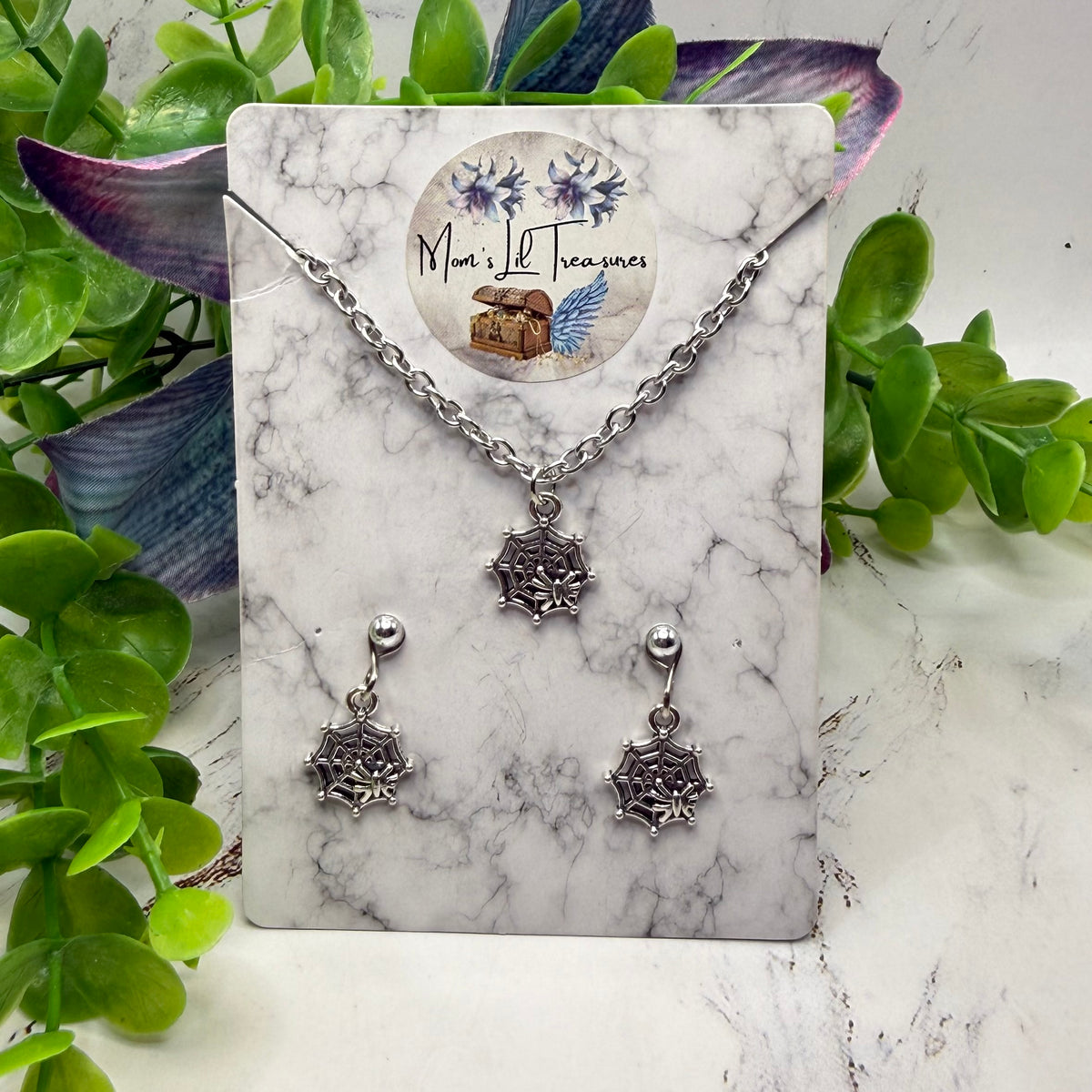 Halloween Silver Spider Web Necklace and 2mm Post Earrings Set | for 18 Inch Dolls • American Girl