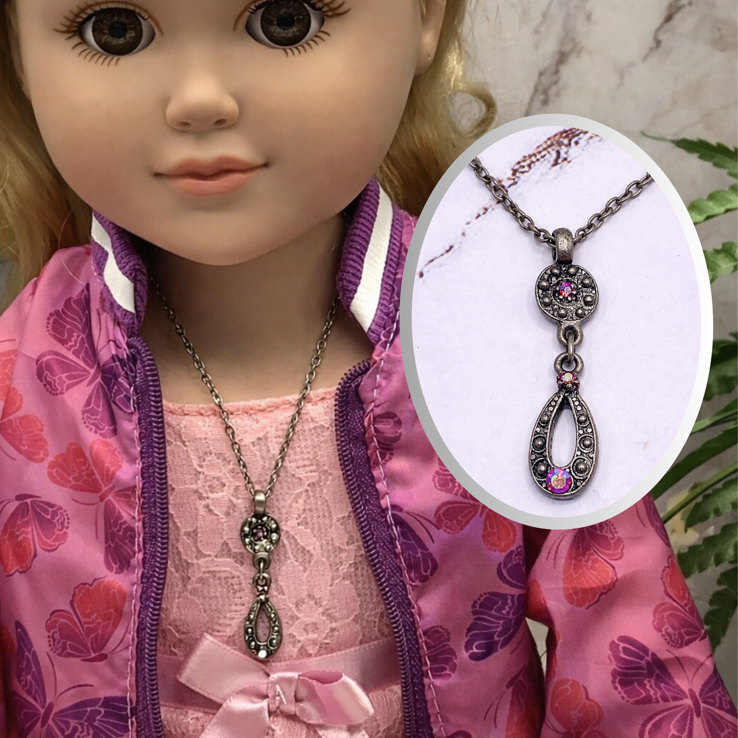 Red AB Rhinestone Dangle Pendant Gun Metal Doll Necklace • 18 Inch Doll Jewelry