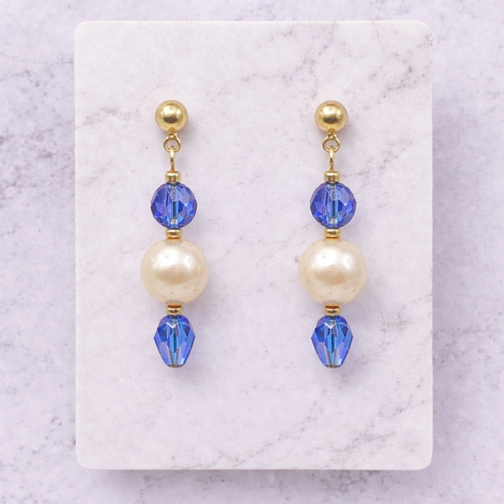 Pearl & Blue Crystal Drop Dangle Earrings - Gold Tone posts -  Handmade