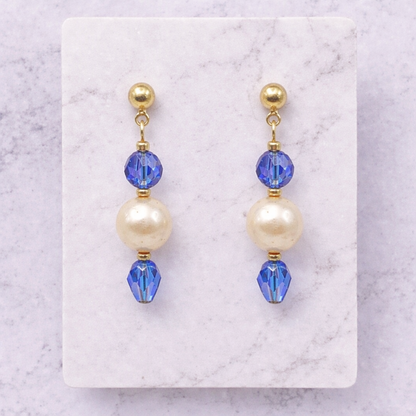 Pearl & Blue Crystal Drop Dangle Earrings - Gold Tone posts -  Handmade