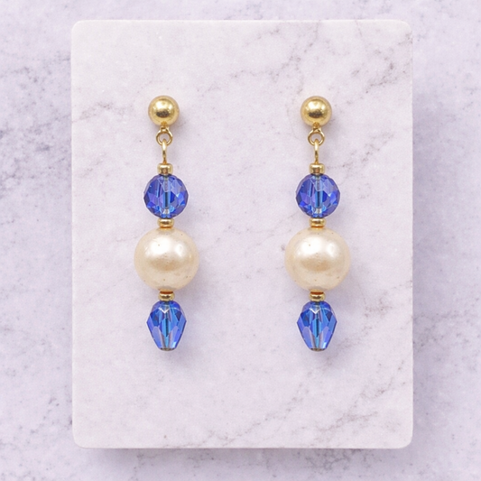 Pearl & Blue Crystal Drop Dangle Earrings - Gold Tone posts -  Handmade