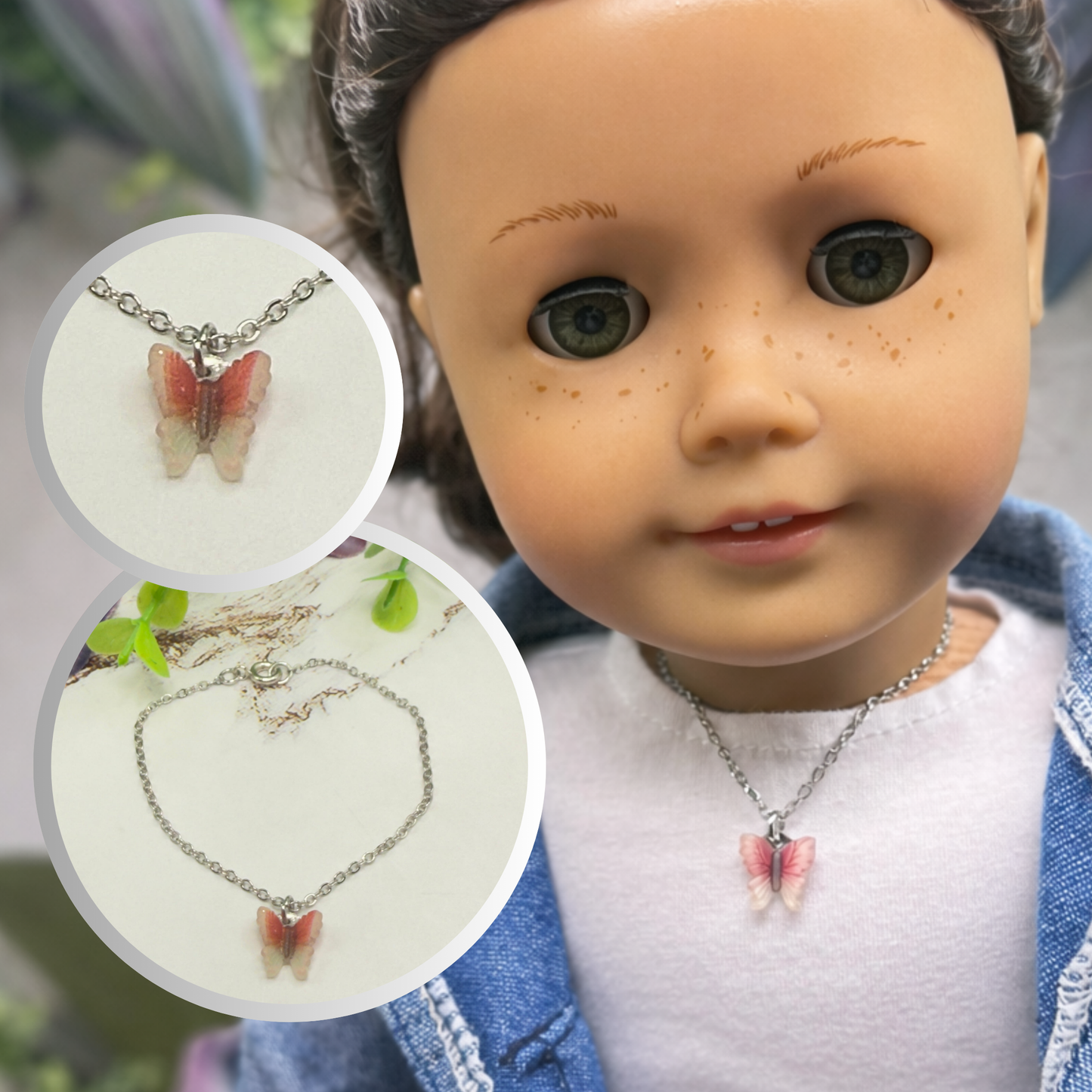 Coral Red Brown Gradient Butterfly Charm Silver Doll Necklace • 18 Inch Fashion Doll Jewelry