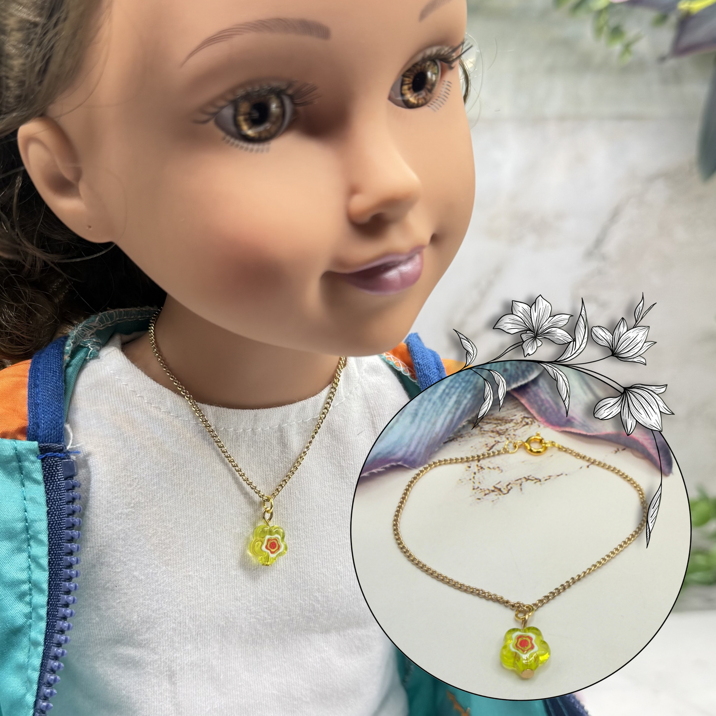 Yellow Translucent Flower Charm Gold Chain Doll Necklace • 18 Inch Fashion Doll Jewelry