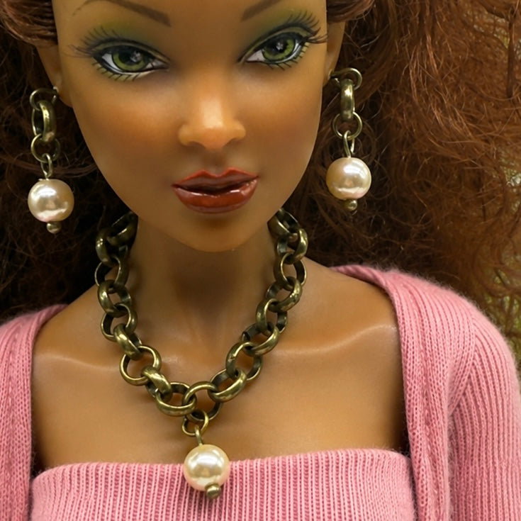 Brass Bronze Large Link Pearl Dangle Doll Necklace & Earrings Set • 16 Inch Fashion Doll Jewelry