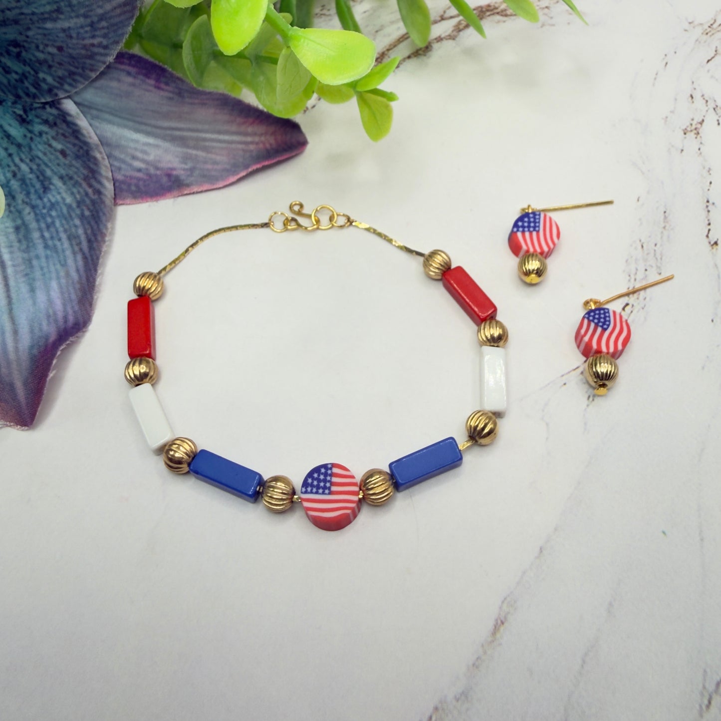 Red White Blue Beaded American Flag Charm Doll Necklace & Earrings Set for 18 Inch Fashion Doll