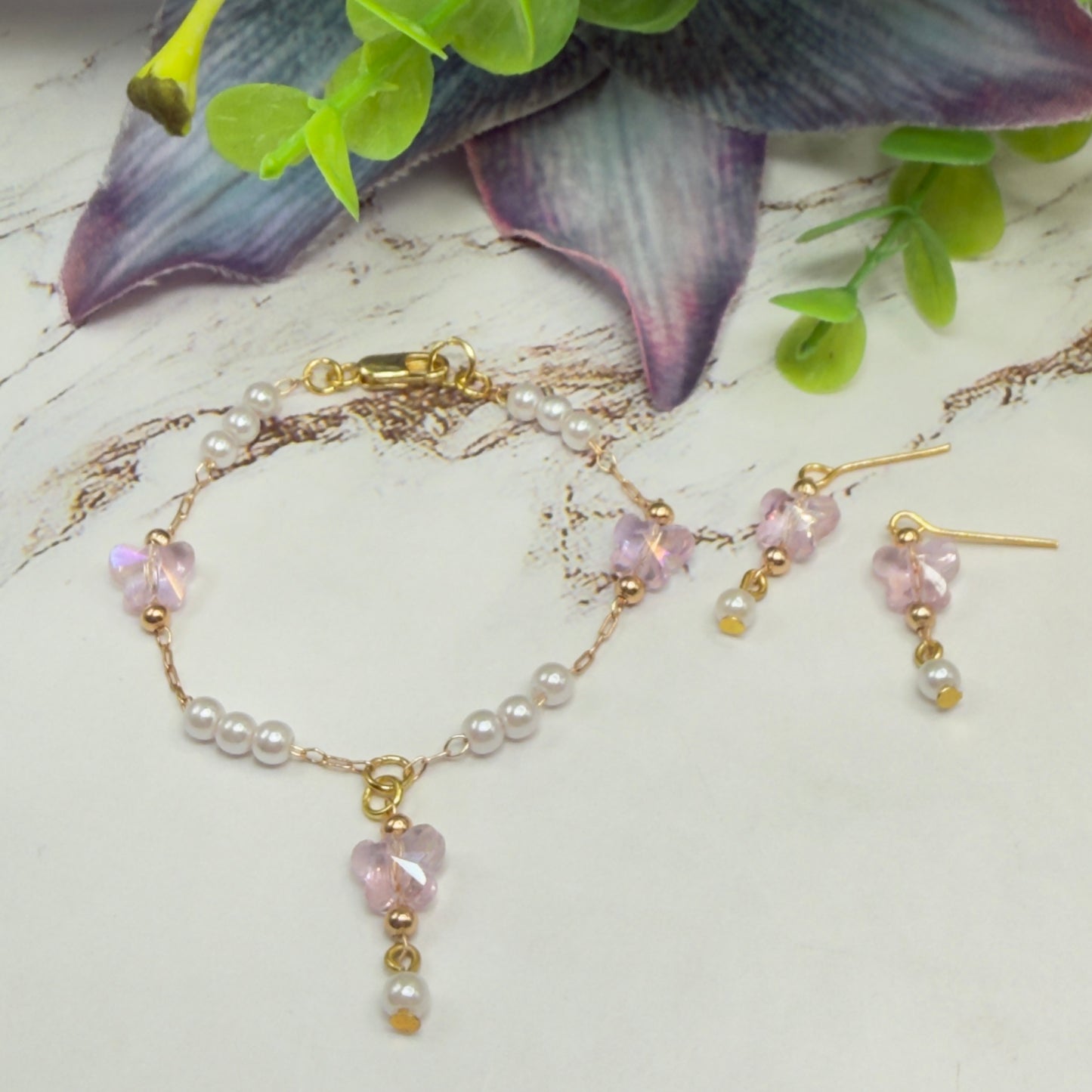 Pink Acrylic Crystal Butterfly & Pearl Gold Doll Necklace & Earrings • 18 Inch Fashion Doll Jewelry