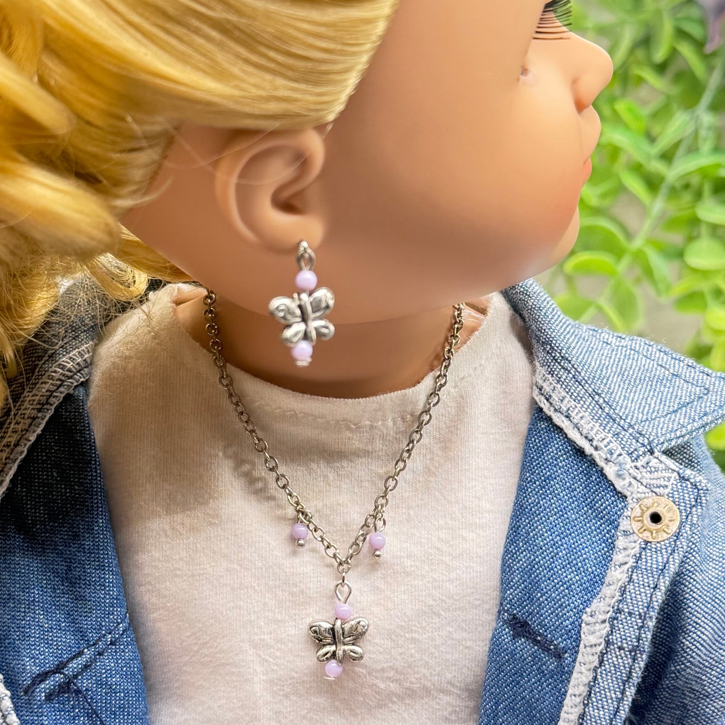 Silver Butterfly Light Purple Bead Accent Charm Doll Necklace & Earrings • 18 Inch Fashion Doll Jewelry