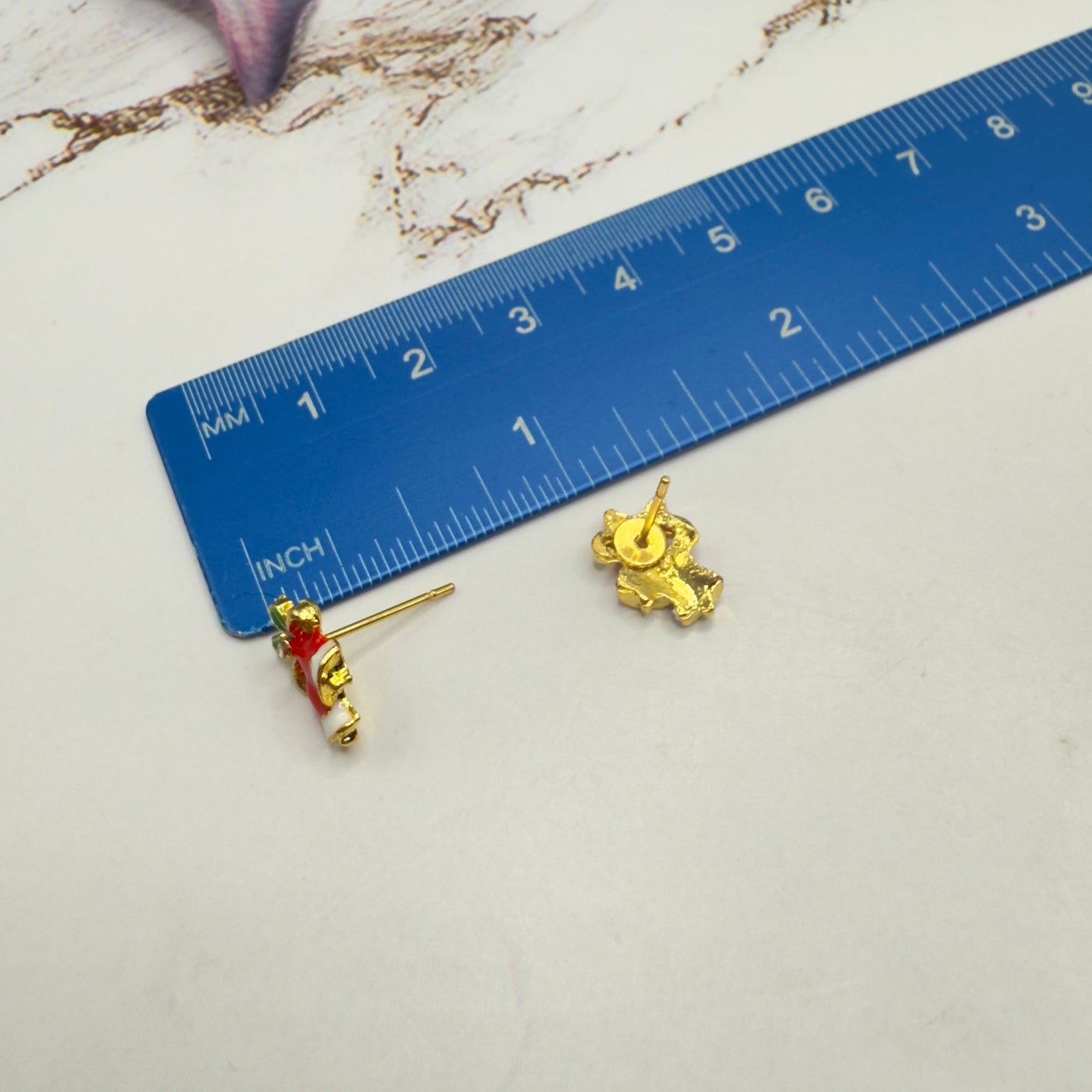 Red White Enamel Gold Metal Christmas Bell Post Earrings • 18 Inch Fashion Doll Jewelry