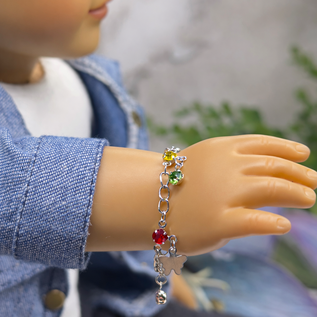 Butterfly Silver Charm and Multi-Color Rhinestone Dangle Doll Bracelet • 18 Inch Fashion Doll Jewelry