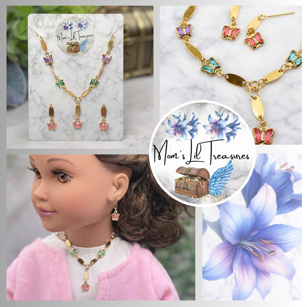 Multi Color Acrylic Crystal Butterfly Charm Gold Oval Link Doll Necklace & Earrings Set for 18 Inch Fashion Dolls