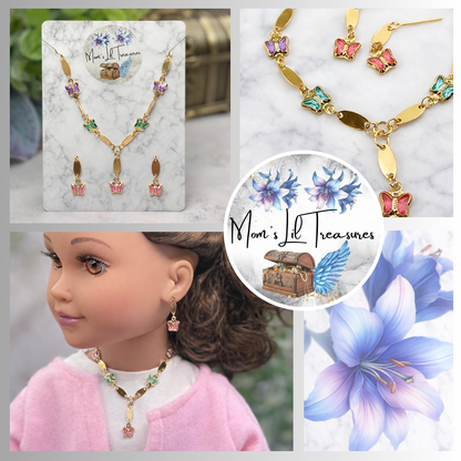 Multi Color Acrylic Crystal Butterfly Charm Gold Oval Link Doll Necklace & Earrings Set for 18 Inch Fashion Dolls
