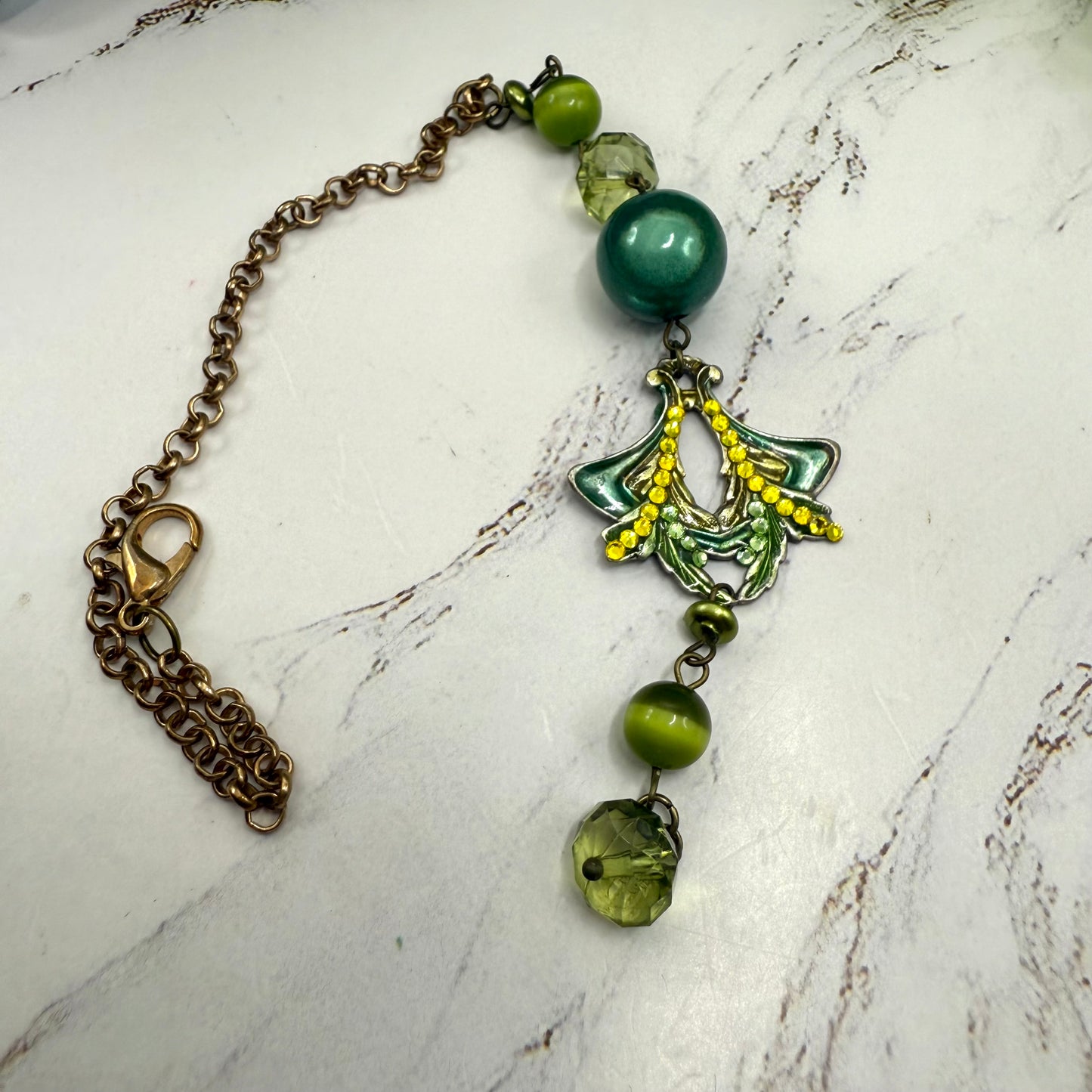 Green  Enamel  Rhinestone  Acrylic Beaded Chain • Car Mirror Charm / Sun Catcher