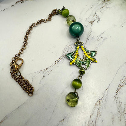 Green  Enamel  Rhinestone  Acrylic Beaded Chain • Car Mirror Charm / Sun Catcher