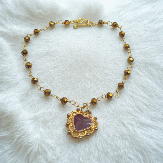 Gold Bronze Glass Crystal Beaded Maroon Red Heart Pendant Doll Necklace • 18 Inch Fashion Doll Jewelry