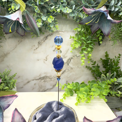 Blue & Clear Crystal Gold Filigree Accent • 8” Hatpin / Stick Pin