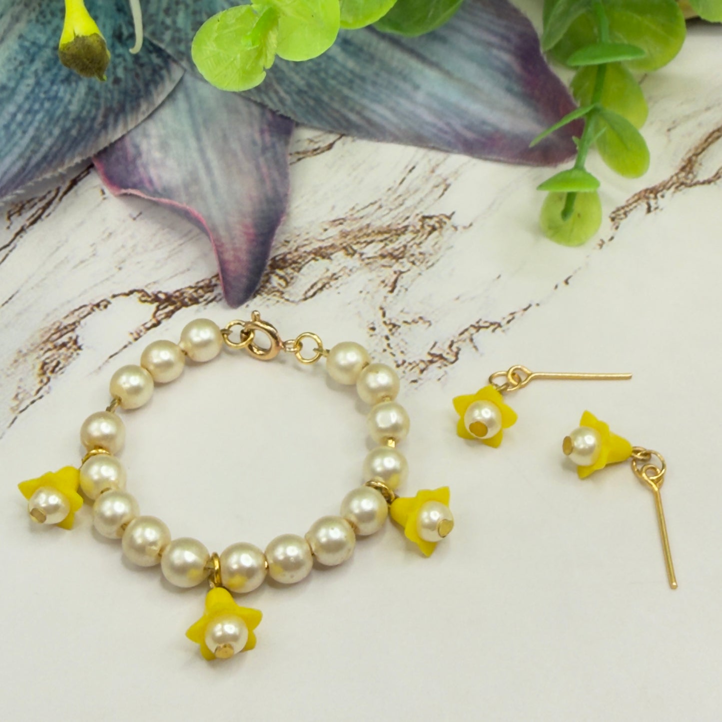 Light Yellow Bell Flower Dangle Pearl Beaded Doll Necklace & Earring • 14 Inch Fashion Doll Jewelry