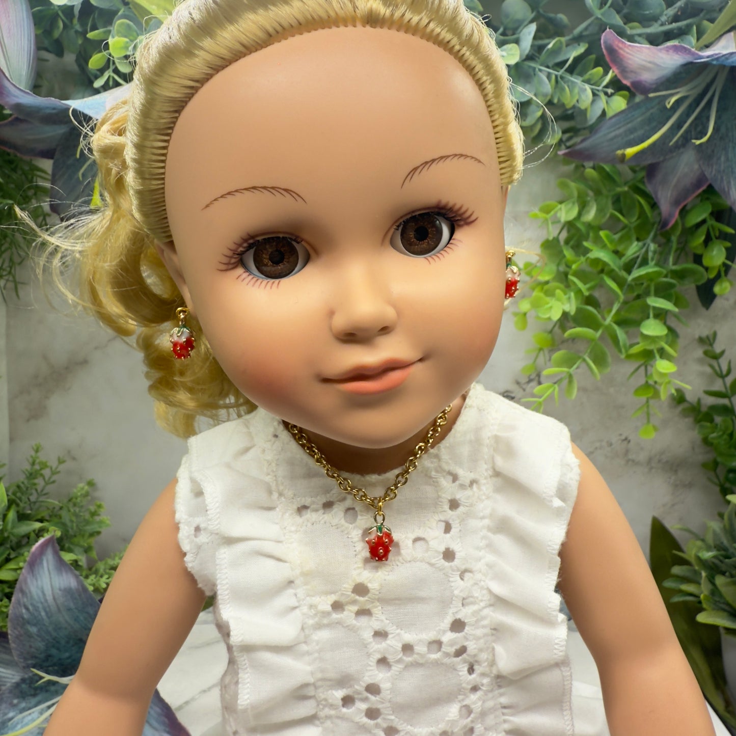 Strawberry Enamel Gold Charm Necklace & Earrings Set • 18 Inch Fashion Doll Jewelry