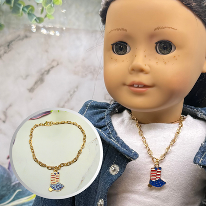 Red White Blue Flag Cowboy Boots Charm Gold Chain Doll Necklace for 18 Inch Fashion Doll