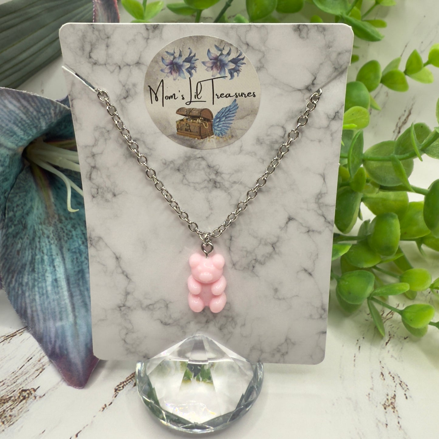 Light Pink Gummi Teddy Bear Charm Doll Necklace • 18 Inch Fashion Doll Jewelry