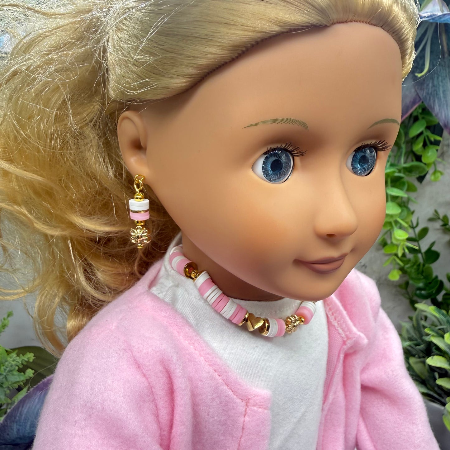 Pink White Disk Beaded Gold Flower Heart Doll Necklace & Earrings • 18 Inch Fashion Doll Jewelry