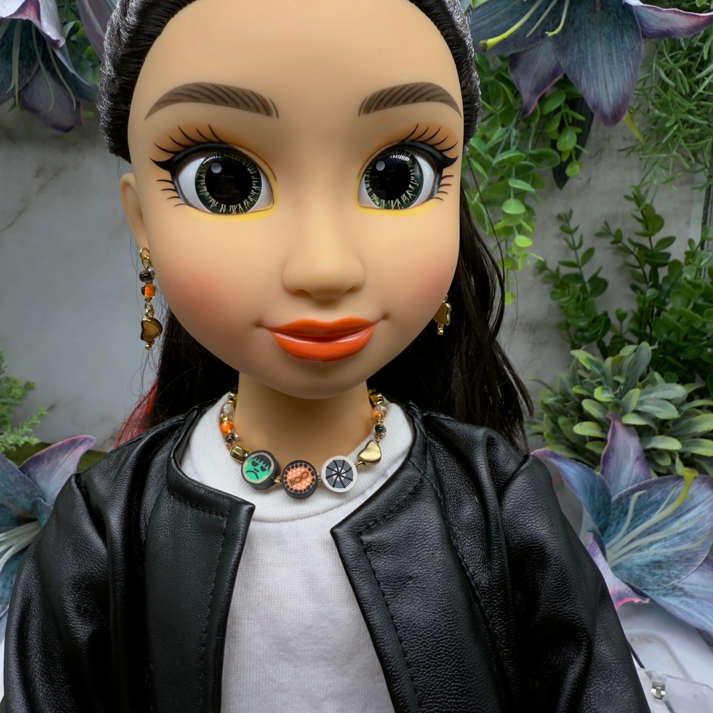 Halloween Boo Spider Web Frankenstein Acrylic Silicone Beaded Doll Necklace and Earrings Set • 18 Inch Fashion Doll Jewelry