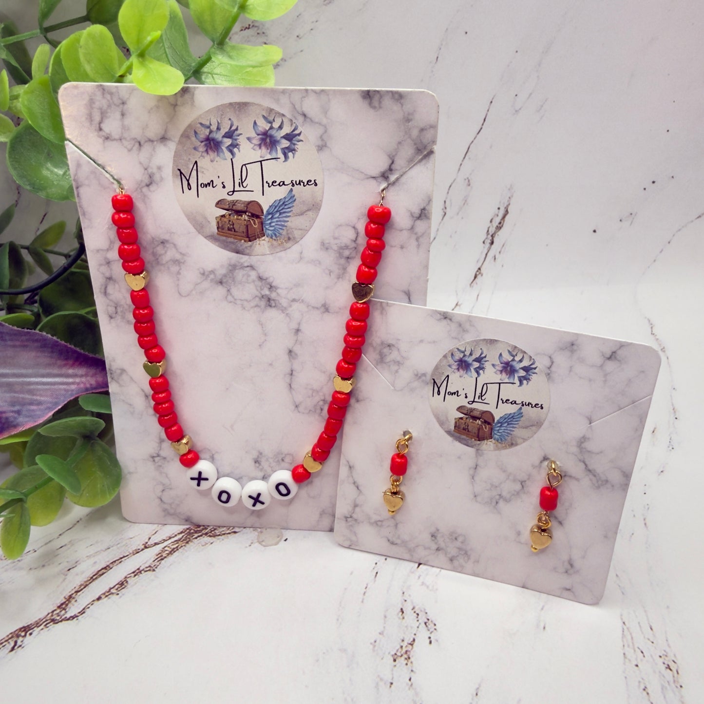 Red White Gold Bead XOXO Heart Doll Necklace & Earrings Set • 18 Inch Fashion Doll Jewelry