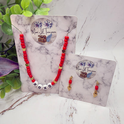 Red White Gold Bead XOXO Heart Doll Necklace & Earrings Set • 18 Inch Fashion Doll Jewelry