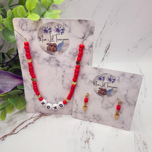 Red White Gold Bead XOXO Heart Doll Necklace & Earrings Set • 18 Inch Fashion Doll Jewelry