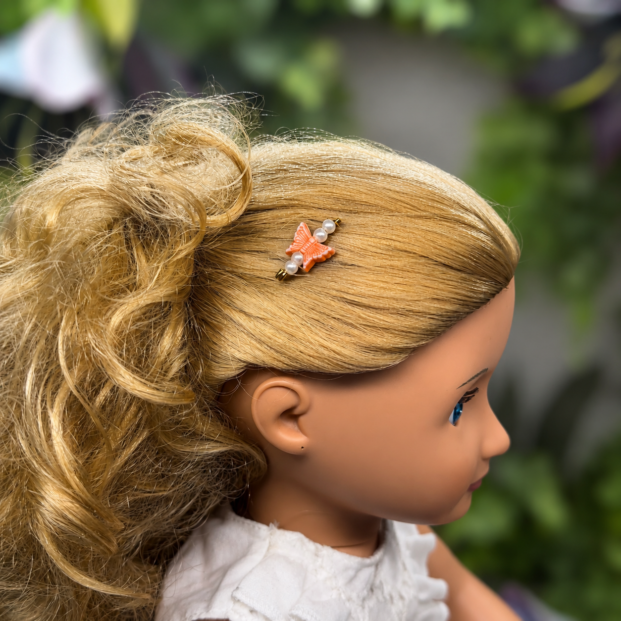Orange & Pearl Beaded Butterfly Doll Hair Barrettes 14-18” Fashion Dolls • Doll Hair Accessories