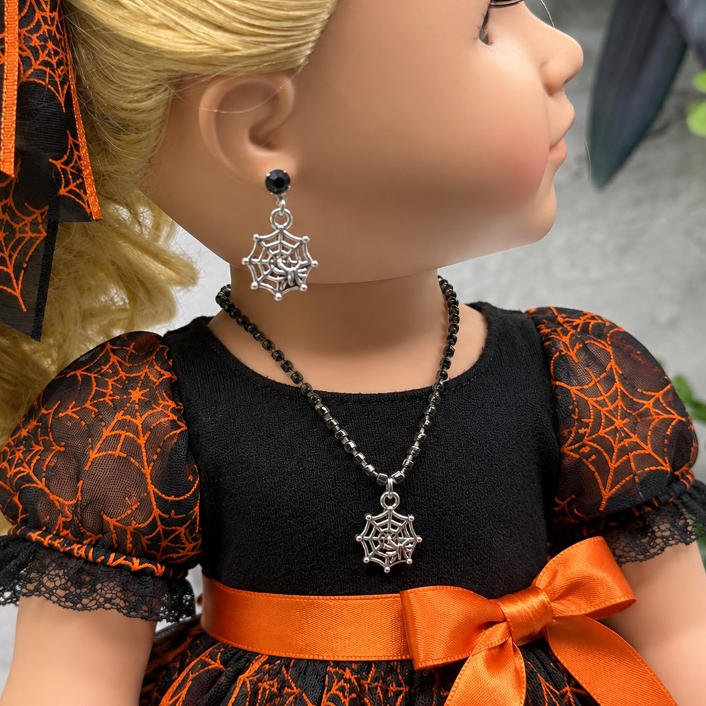 Halloween Silver Spider Web Black Rhinestone Necklace & Earrings Set | for 18 Inch Fashion Doll