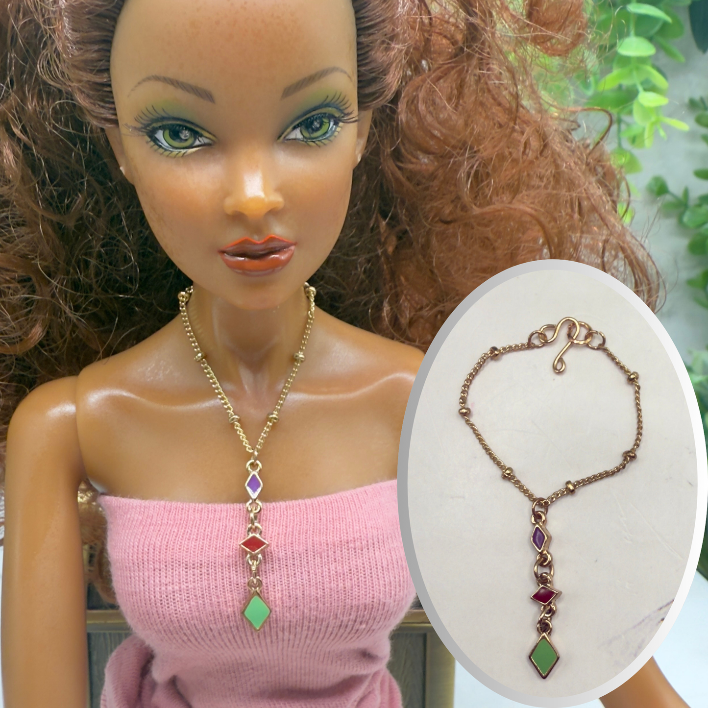Multi Color Diamond Charm Y-Drop Gold Doll Necklace • 16 Inch Doll Jewelry
