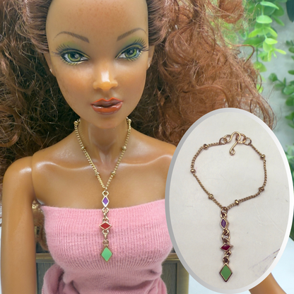 Multi Color Diamond Charm Y-Drop Gold Doll Necklace • 16 Inch Doll Jewelry