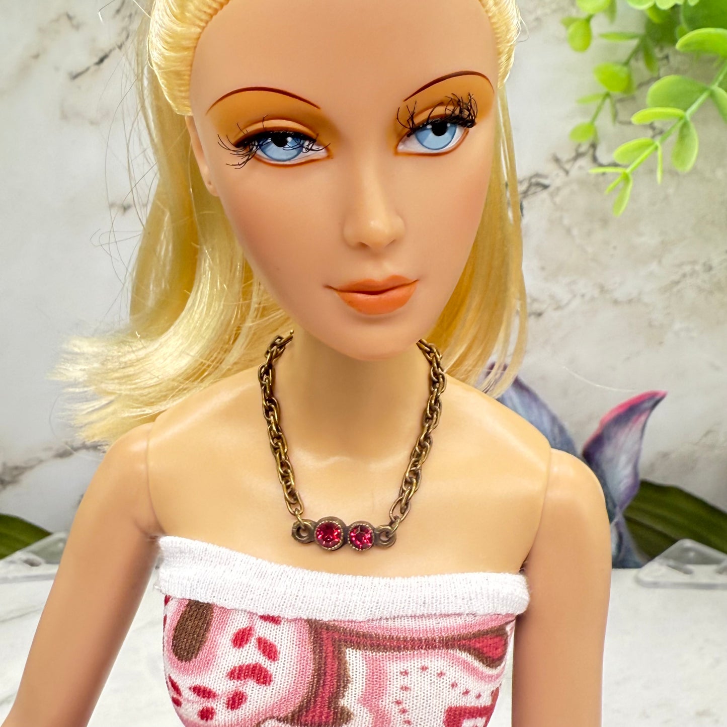 Dark Pink Red Rhinestone Bronze Copper Tone Chain Doll Necklace • 16 Inch Fashion Doll Jewelry