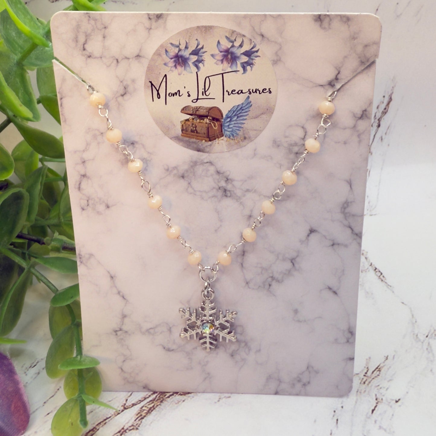 Light Pinkish Beige Glass Crystal Beaded Snowflake Doll Necklace • 18 Inch Fashion Doll Jewelry