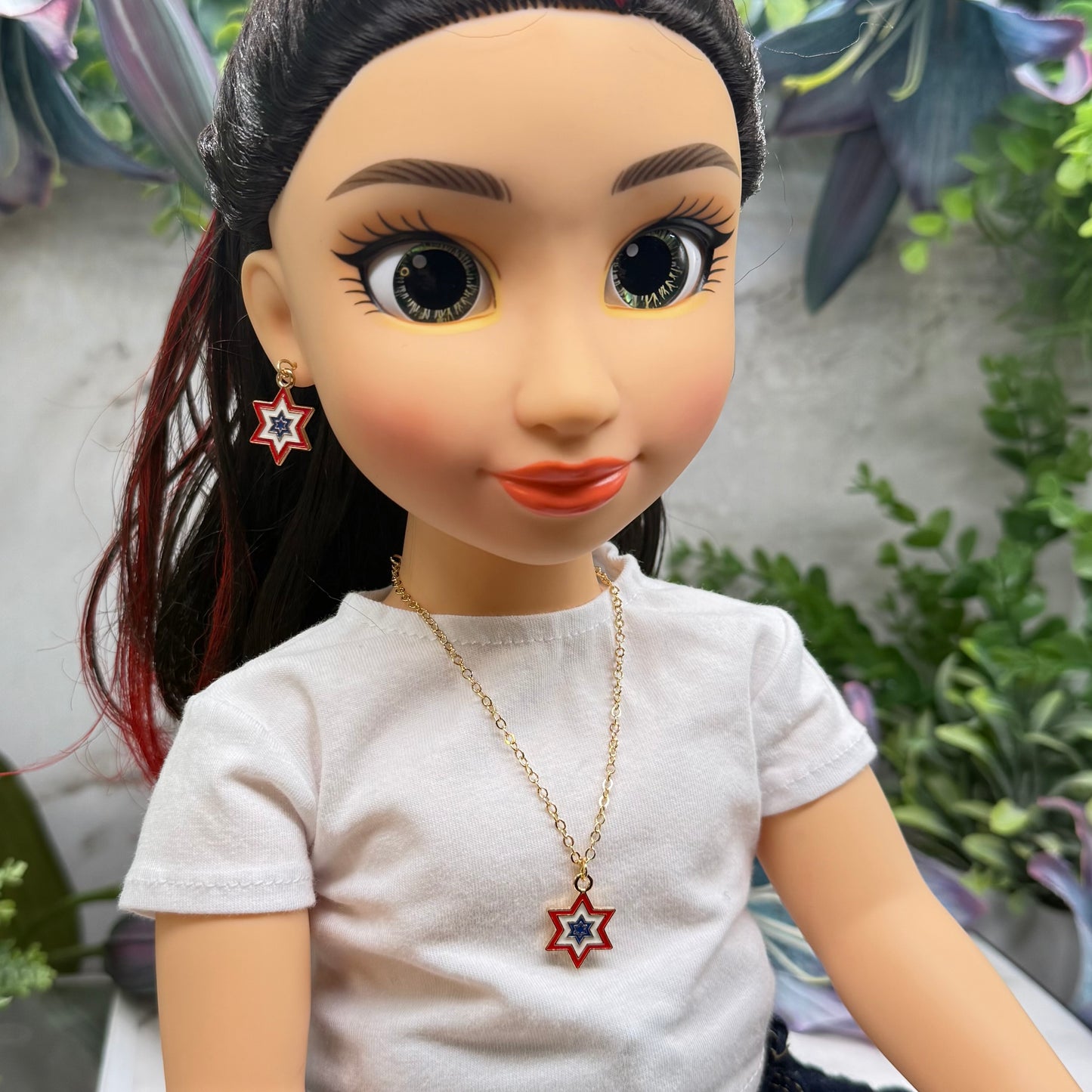 Red White Blue Star Charm Doll Necklace & Earrings Set for 18 Inch Fashion Doll