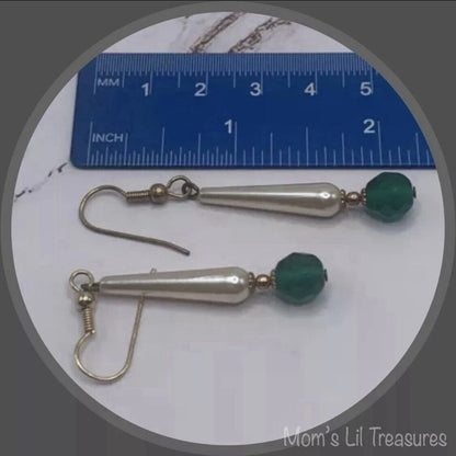Elongated Teardrop Pearl & Green Glass Crystal Dangle Earrings • Handmade