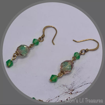 Handmade Pink Green Translucent Glass Crystal Beaded Necklace Earrings Set